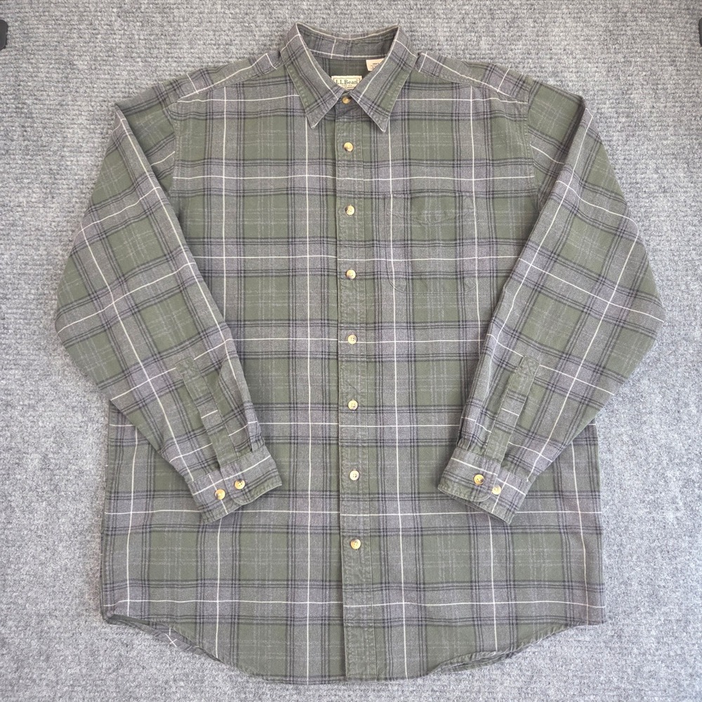 LL Bean Mens Large Tall Plaid Button Down Shirt Olive Green Grey Cotton Flannel